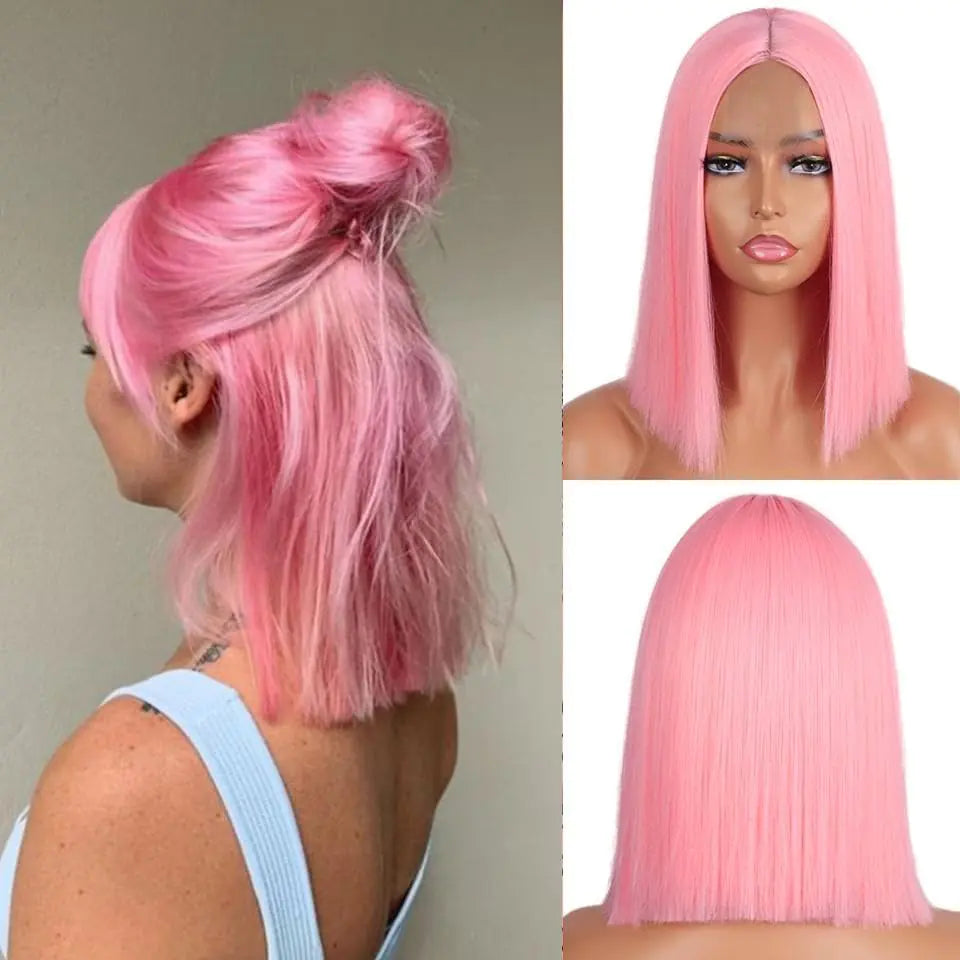 XC CLOUDS Pink Bob Wigs Glueless Straight Wigs For Women Synthetic Heat Resistant Fiber Hair Long Bob Wig Middle Part Pink Bob Wigs Medium Length Wigs For Women 16inch(Pink)