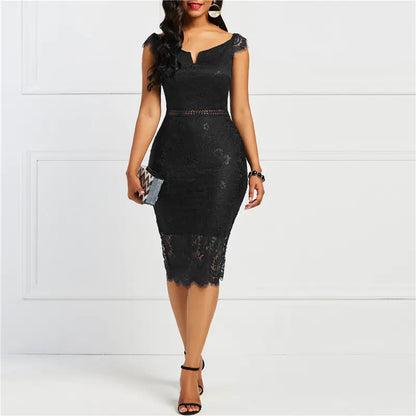 Lace Midi Dress with Back Zipper and Off-Shoulder Design