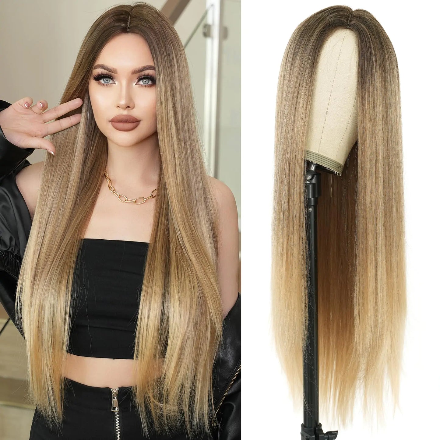 7JHH WIGS Long Blonde Ombre Wigs Natural Heat Resistant Fiber Synthetic Layered Straight Mixed Blonde Wigs with Dark Roots Women Wigs for Holiday Festival Chrismas Daily Party Daily Used