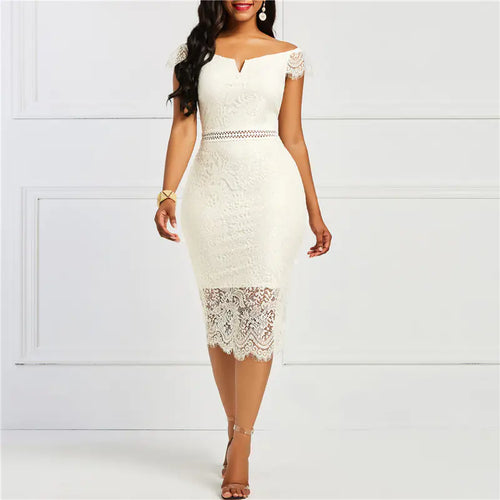 Lace Midi Dress with Back Zipper and Off-Shoulder Design