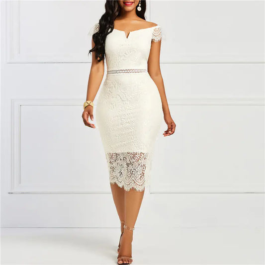 Lace Midi Dress with Back Zipper and Off-Shoulder Design