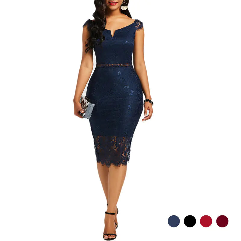 Lace Midi Dress with Back Zipper and Off-Shoulder Design