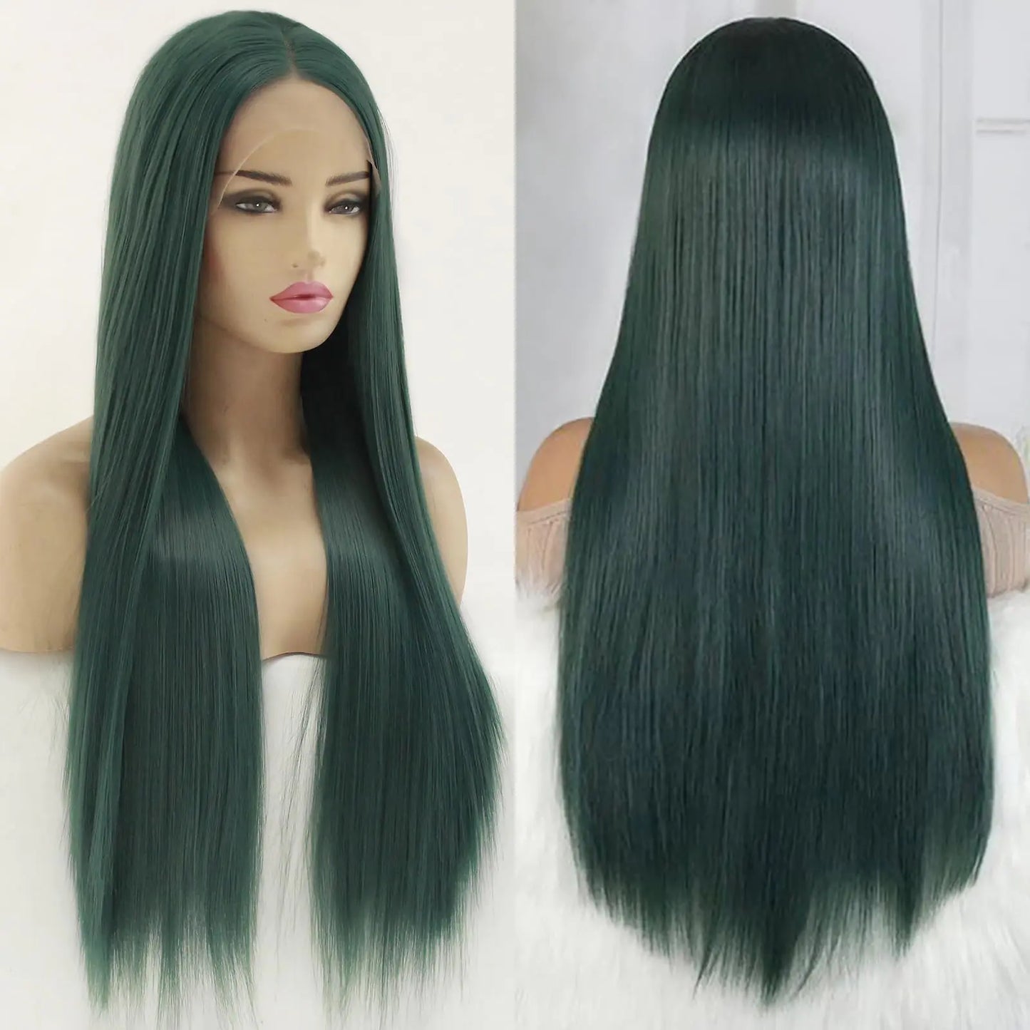 Looxey 13x6 Lace Front Wigs Synthetic 24 Inch Long Straight Wigs Pre Plucked Green Lace Frontal Wigs Glueless Wigs for Women Girls Daily Wear